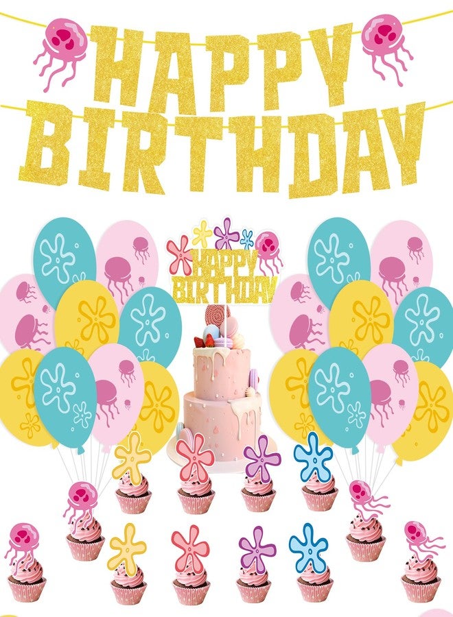 Vozekrod 32pcs Ocean Themed Birthday Party Decorations - Cute Sea Creature Banner, Balloons,Cake Cupcake Toppers - Under the Sea Party Supplies for Kids Birthday, Baby Shower - Image 1